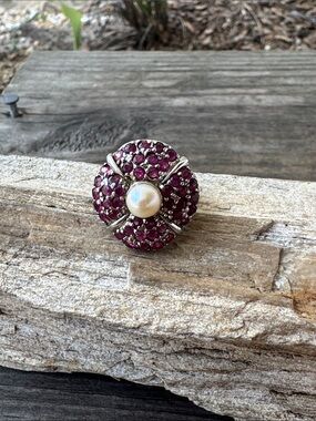 Sterling Silver Flower Ring with Sapphire and Pearl
